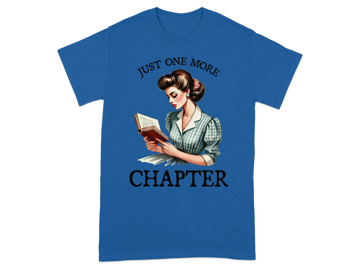 Blue t-shirt with "JUST ONE MORE CHAPTER" text and vintage woman reading book graphic.