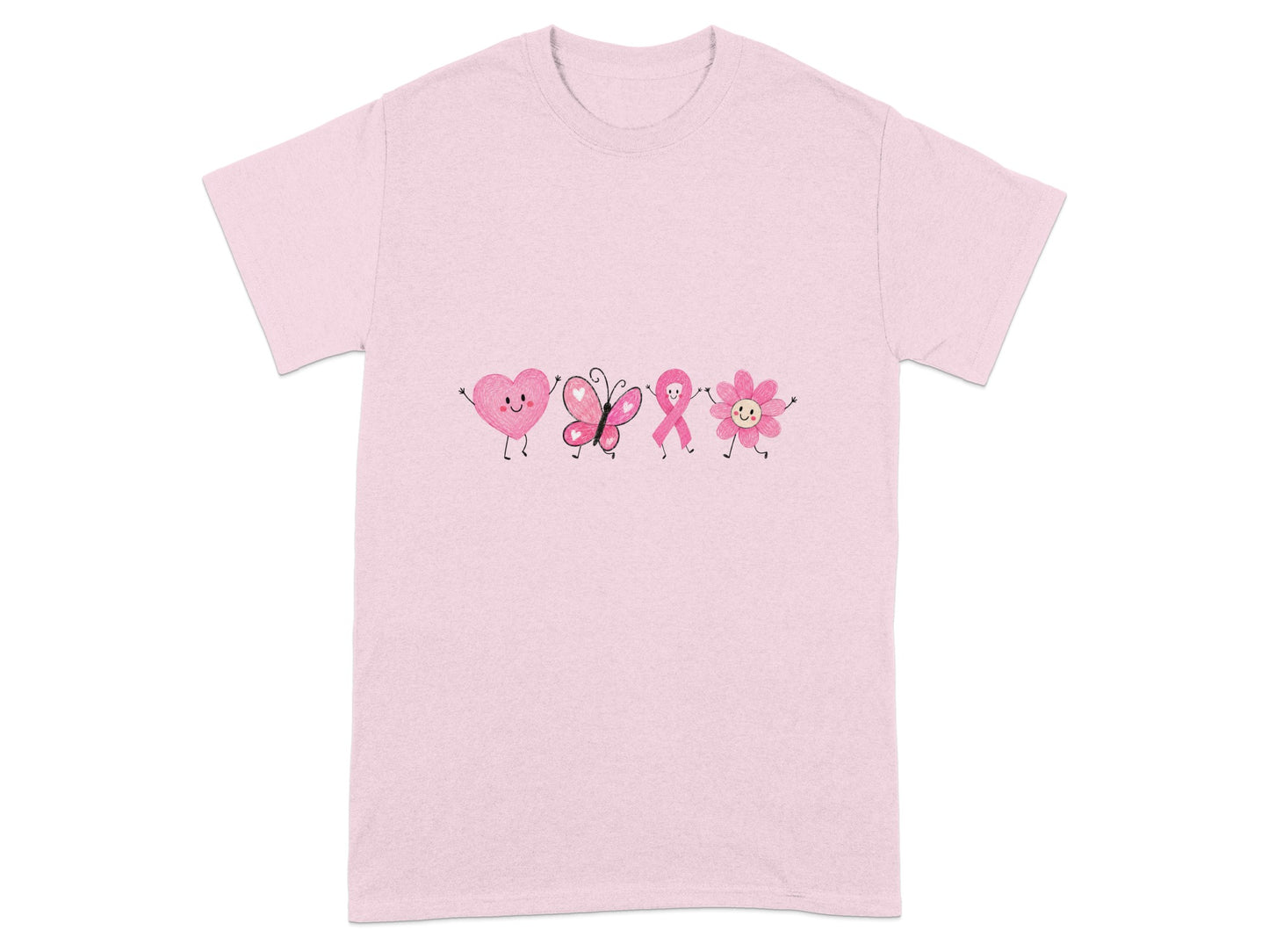 Pink t-shirt with a line of cartoon hearts, butterfly, ribbon, and flower.