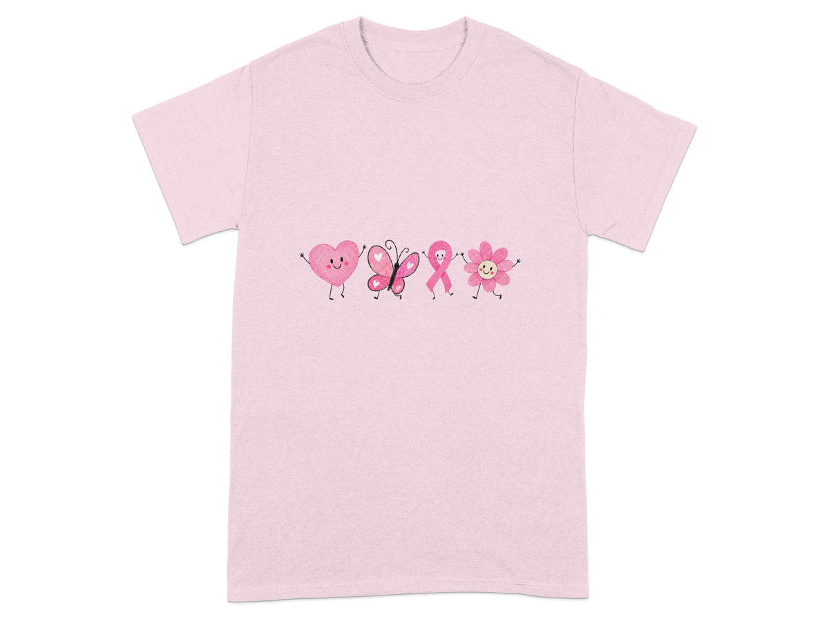 Pink t-shirt with a line of cartoon hearts, butterfly, ribbon, and flower.
