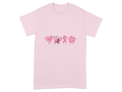 Pink t-shirt with a line of cartoon hearts, butterfly, ribbon, and flower.