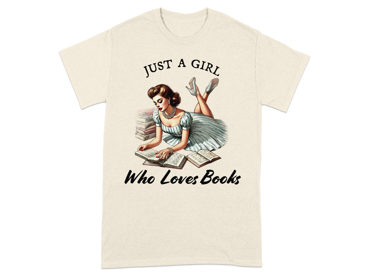 T-shirt with "Just a Girl Who Loves Books" text and illustration of a woman reading books.