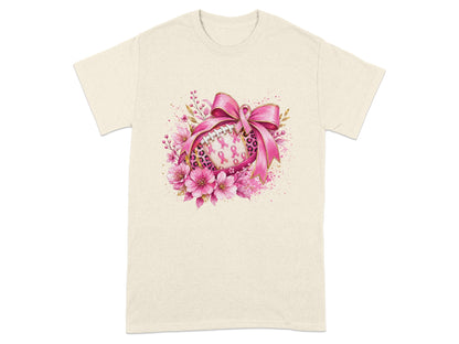 Football with pink ribbons and flowers, tied with a pink bow.