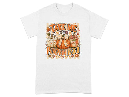 White t-shirt with pumpkins and the text "Take me to the pumpkin patch".