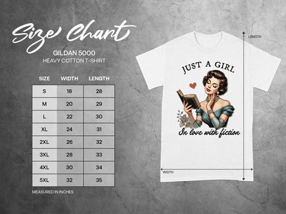 Gildan 5000 size chart and white t-shirt with "Just a girl in love with fiction" design.