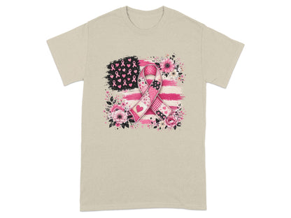 T-shirt with American flag, pink ribbon, hearts, and floral design.