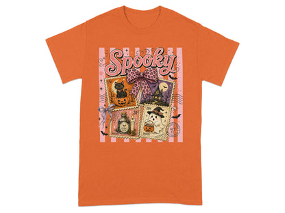 Orange t-shirt with "Spooky" text and Halloween stamp graphics.