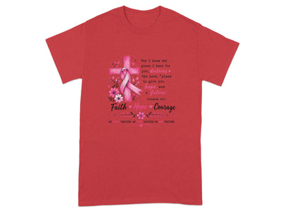 Red t-shirt with pink breast cancer ribbon cross graphic and inspirational text.
