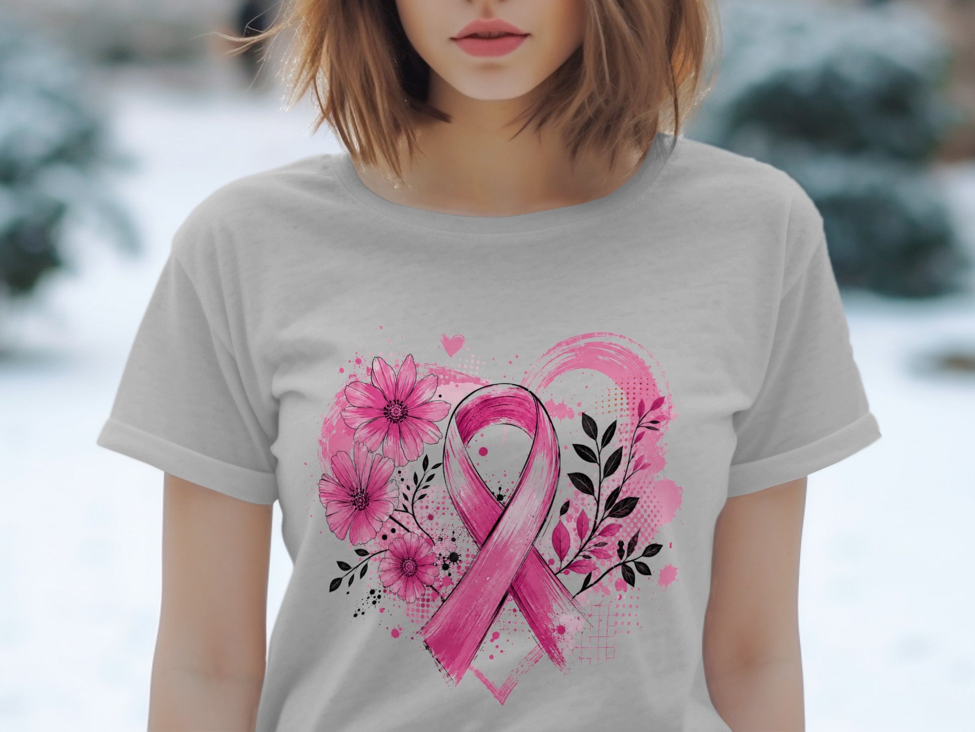 Gray t-shirt with pink breast cancer ribbon, flowers, and leaves design.