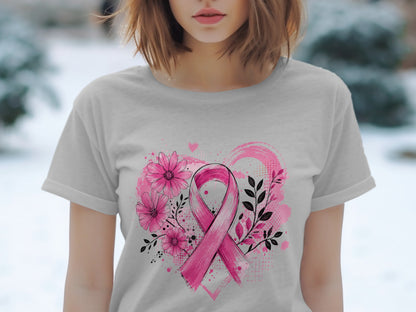 Gray t-shirt with pink breast cancer ribbon, flowers, and leaves design.