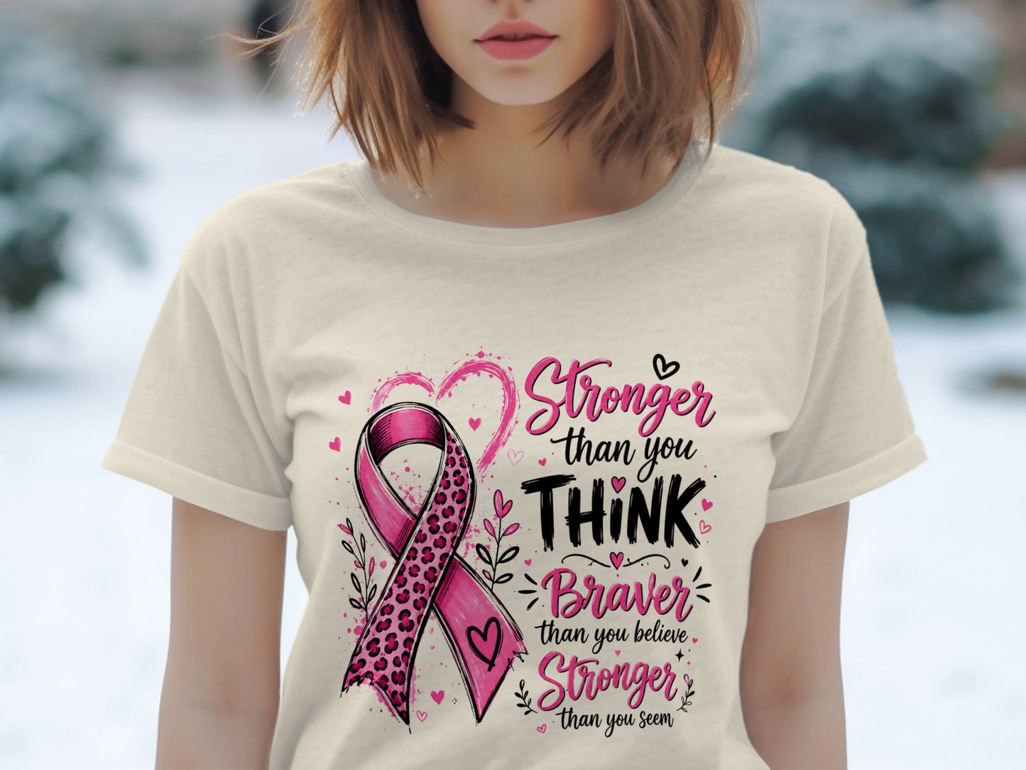 T-shirt with pink leopard print ribbon and text "Stronger than you THINK, Braver than you believe, Stronger than you seem."