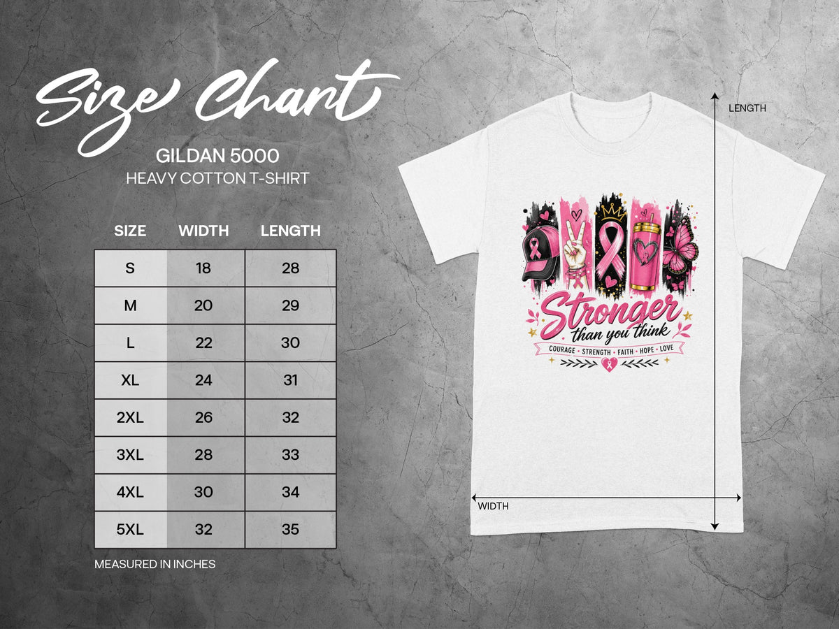 Gildan 5000 heavy cotton t-shirt size chart with width and length measurements in inches.