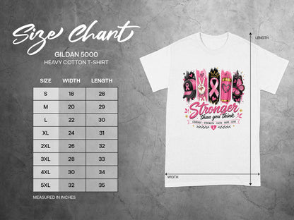 Gildan 5000 heavy cotton t-shirt size chart with width and length measurements in inches.