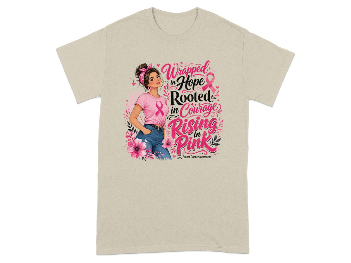 Woman in pink shirt with breast cancer awareness text and ribbons.