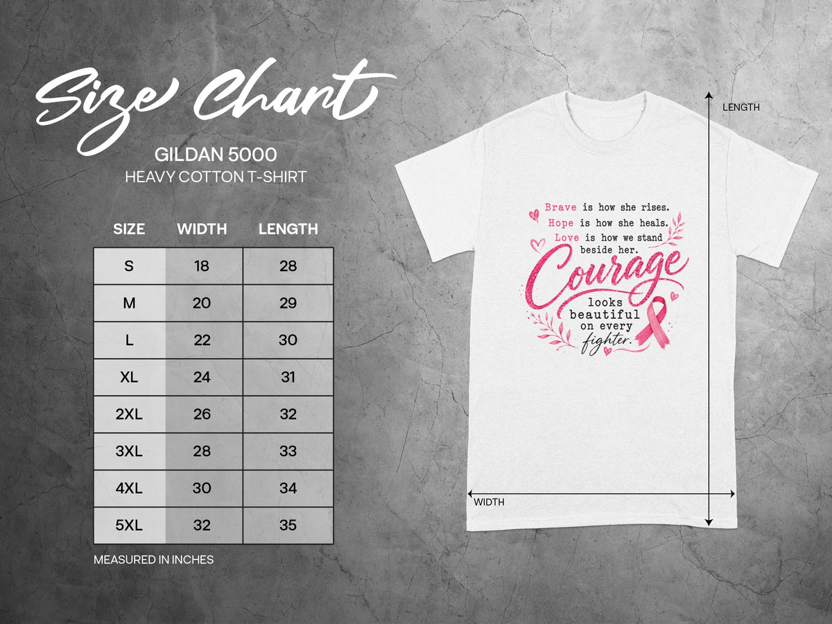Gildan 5000 Heavy Cotton T-Shirt size chart with measurements in inches and graphic.