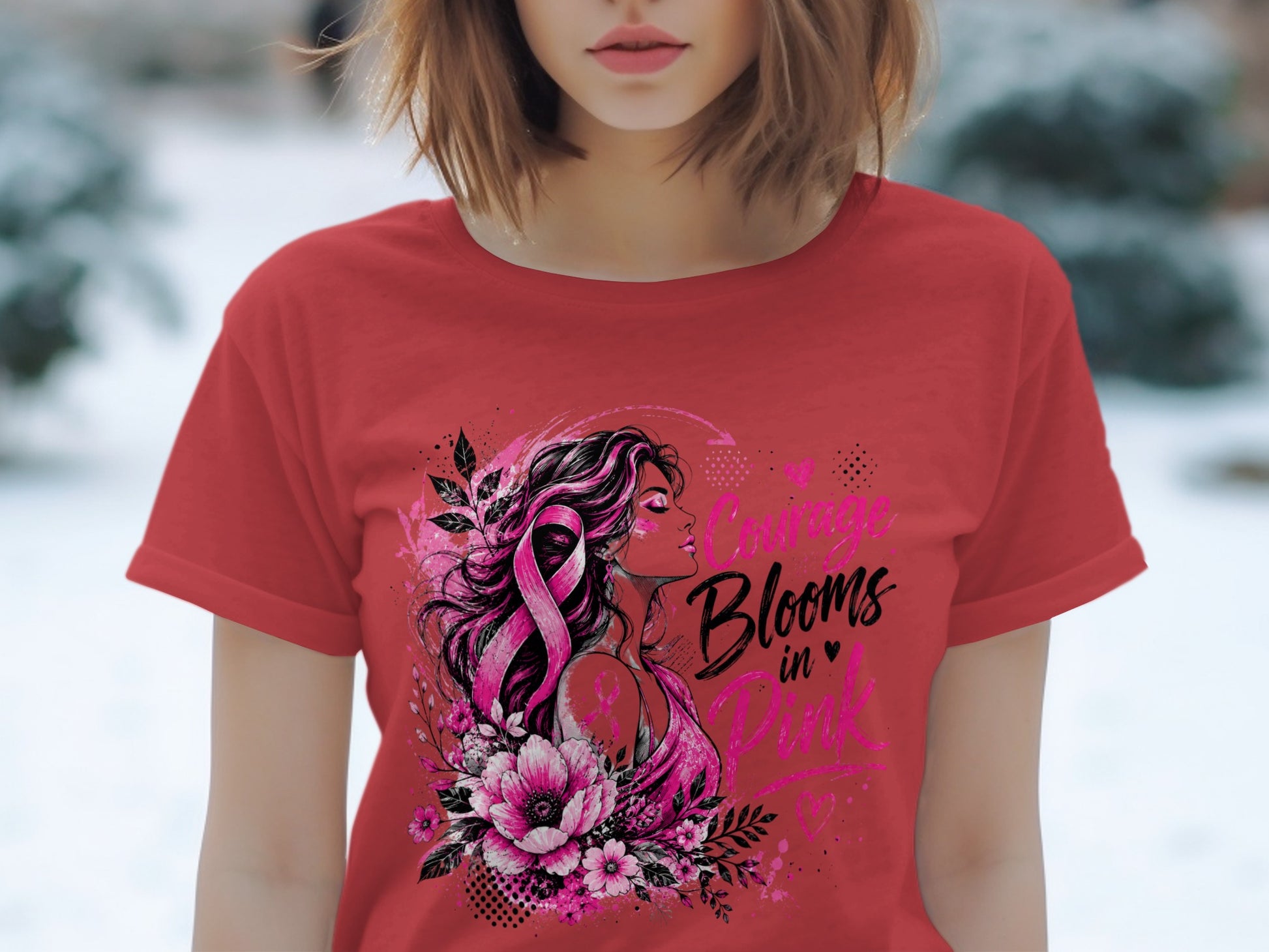 Red t-shirt with "Courage Blooms in Pink" design featuring a woman and a pink ribbon.
