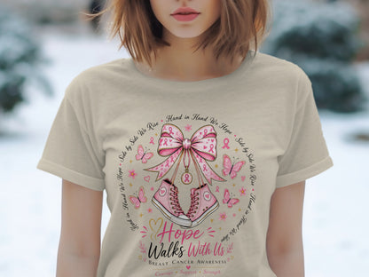 T-shirt with pink sneakers, bow, butterflies, and breast cancer awareness text.