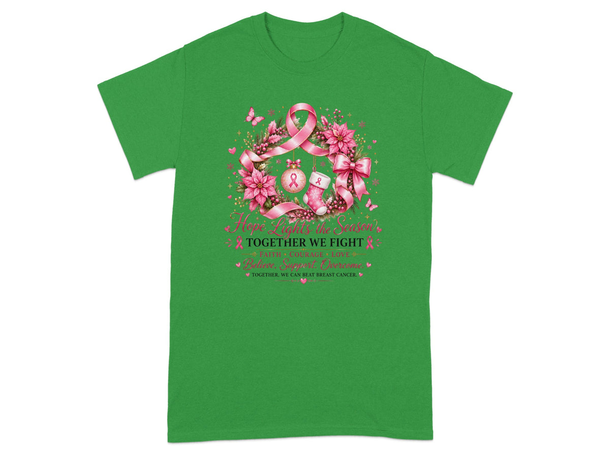 Green t-shirt with pink breast cancer awareness wreath and inspirational text.
