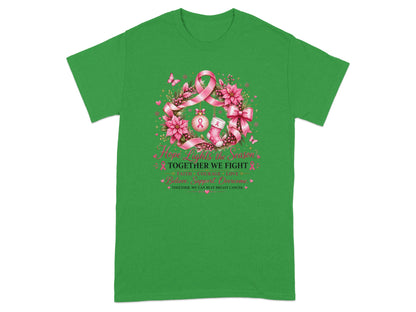 Green t-shirt with pink breast cancer awareness wreath and inspirational text.