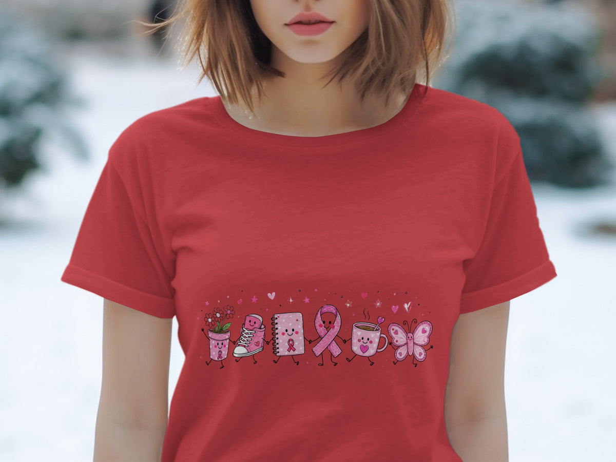 Red t-shirt with cartoon breast cancer awareness ribbon and friends graphic.