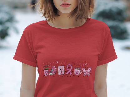 Red t-shirt with cartoon breast cancer awareness ribbon and friends graphic.