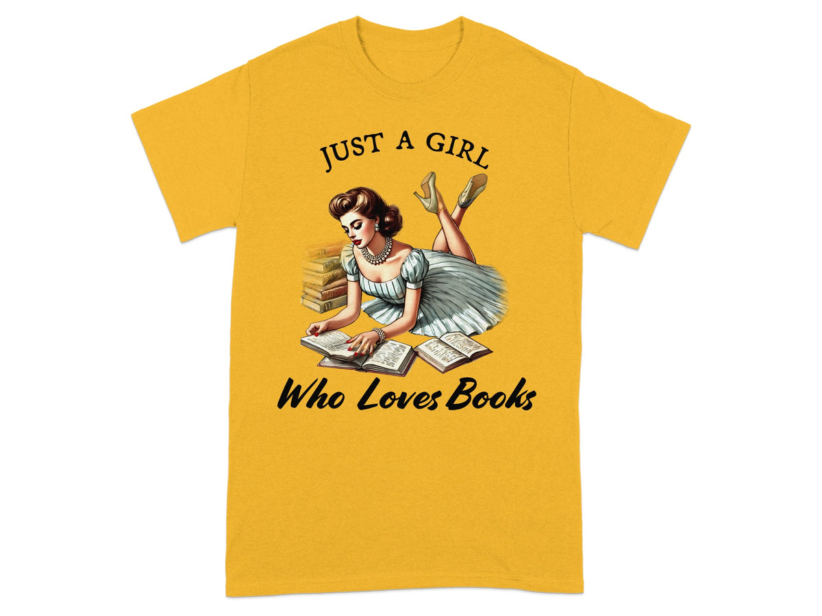 Yellow t-shirt with "JUST A GIRL Who Loves Books" and vintage woman reading.