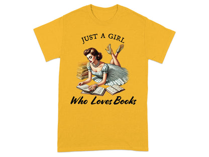 Yellow t-shirt with "JUST A GIRL Who Loves Books" and vintage woman reading.