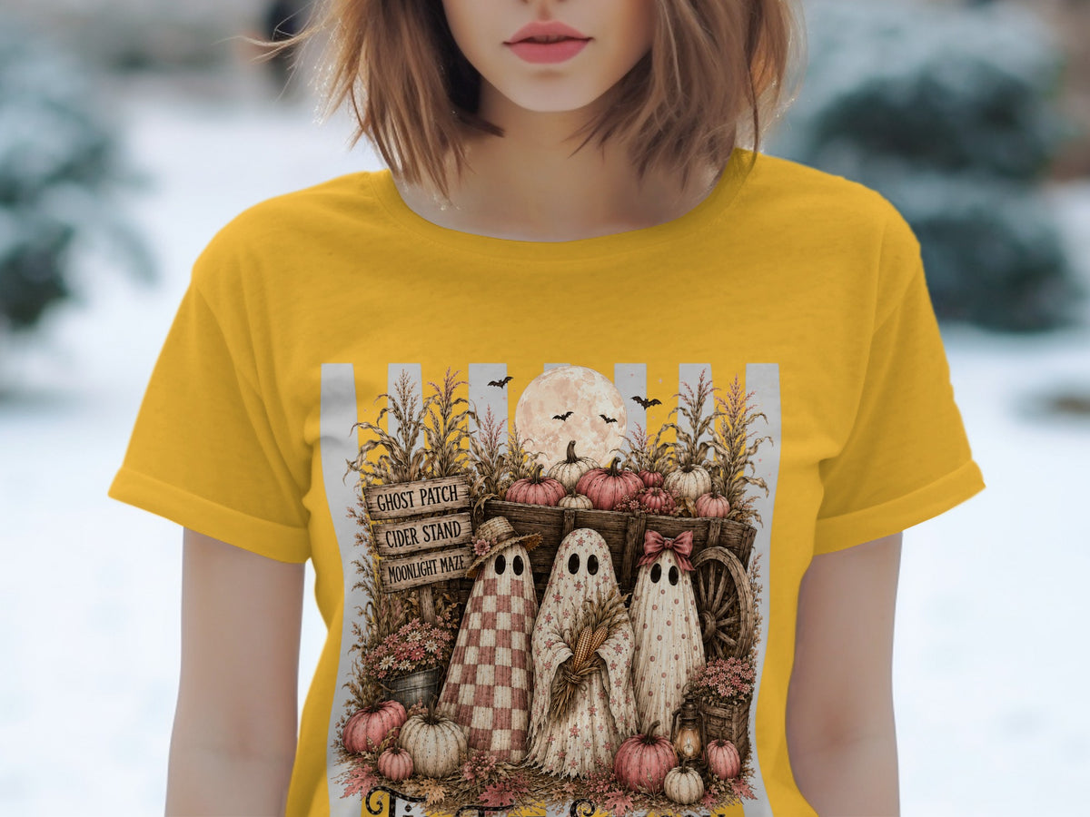 Three cartoon ghosts stand near a wagon with pumpkins and fall foliage.