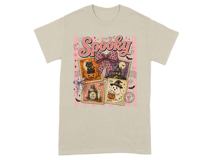 Spooky Halloween graphic with black cat, ghost, potion, and haunted house stamps.