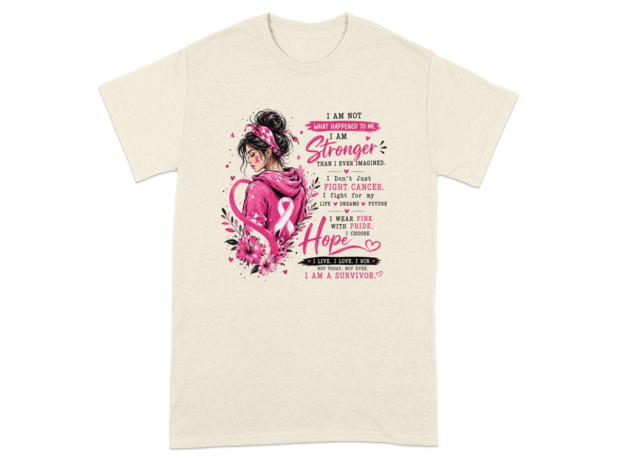 Cream t-shirt with "I Am Stronger" and breast cancer awareness design.