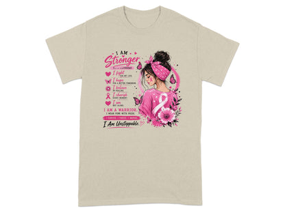 Beige t-shirt with "I AM Stronger Than Yesterday" and inspirational breast cancer awareness text.