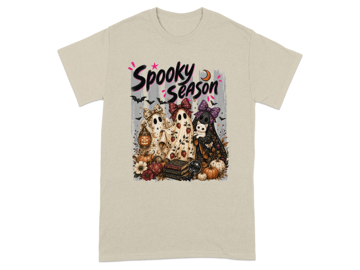Ghosts with bows and a cat with "Spooky Season" text and Halloween motifs.