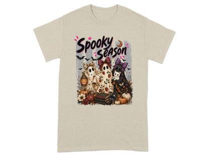 Ghosts with bows and a cat with "Spooky Season" text and Halloween motifs.