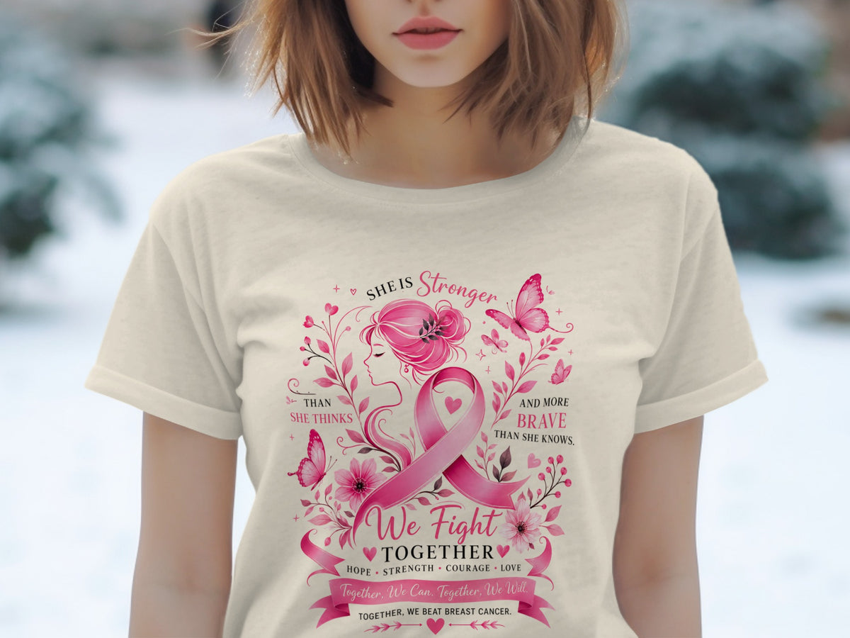 Cream t-shirt with breast cancer awareness design featuring a woman, pink ribbon, butterflies, and text.