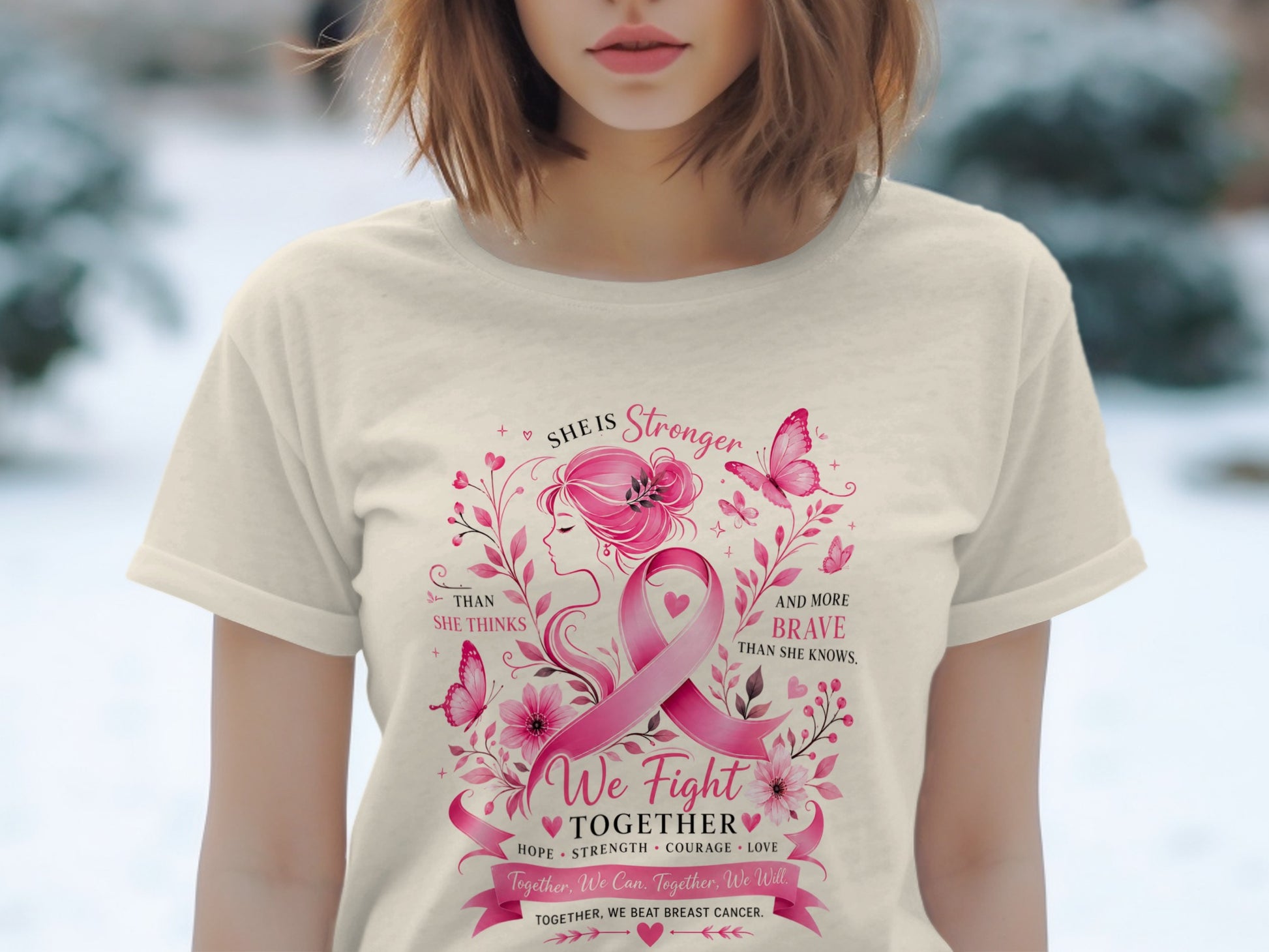 Cream t-shirt with breast cancer awareness design featuring a woman, pink ribbon, butterflies, and text.