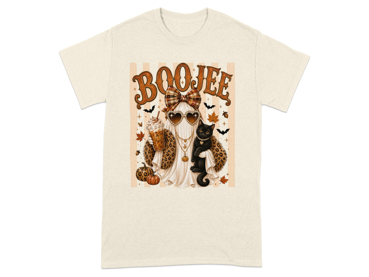 Ghost with heart sunglasses holding cat and pumpkin spice latte, "Boojee" text.