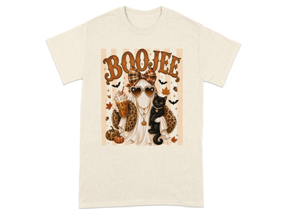 Ghost with heart sunglasses holding cat and pumpkin spice latte, "Boojee" text.