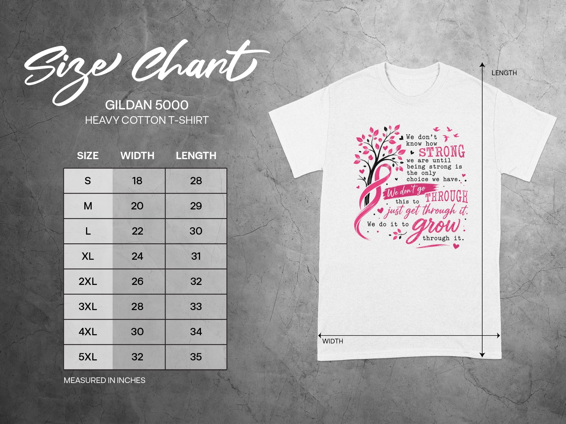 GILDAN 5000 Heavy Cotton T-Shirt size chart with measurements in inches.