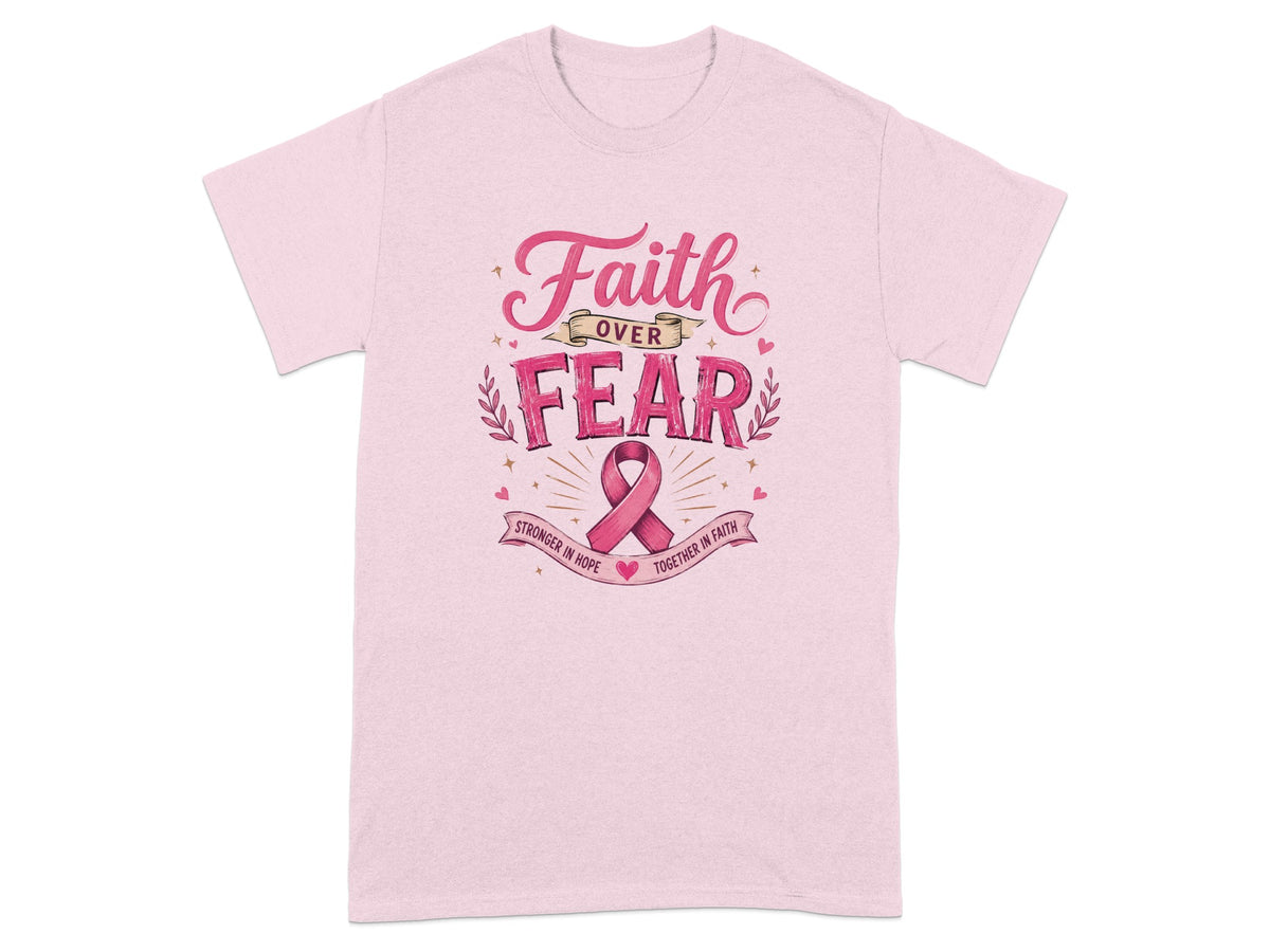 Pink t-shirt with "Faith Over Fear" text and a pink ribbon.