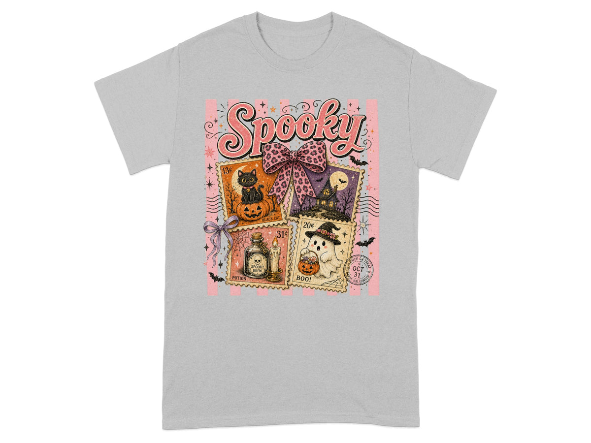 "Spooky" graphic with Halloween stamps featuring a black cat, potion bottle, and ghost.