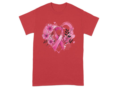 Red t-shirt with a pink breast cancer ribbon surrounded by flowers and leaves.