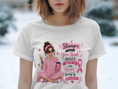 T-shirt with graphic: "Stronger than you think, braver than you feel, and never giving up. Hope. Fight. Cure."