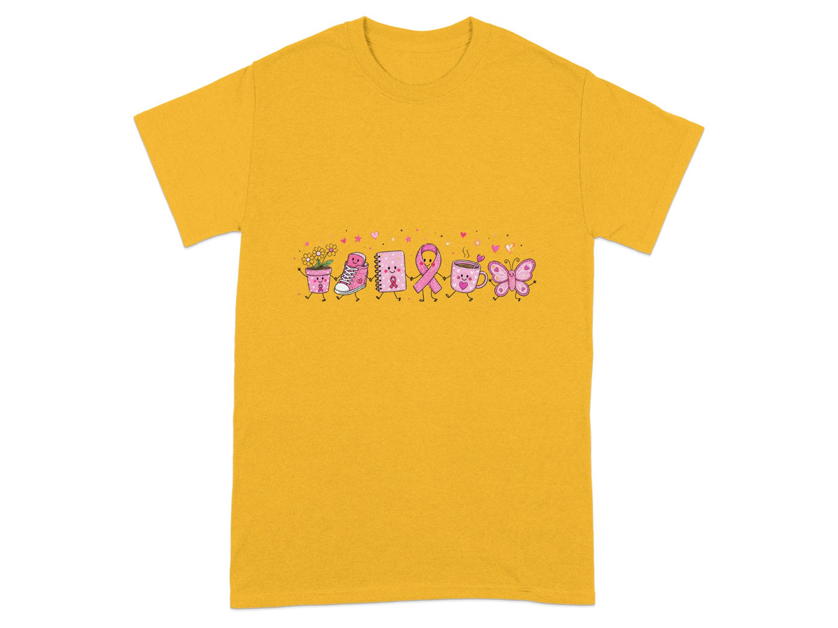 Yellow t-shirt with a cartoon line of pink breast cancer awareness ribbon figures.