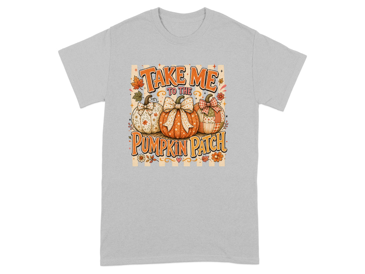 "Take Me to the Pumpkin Patch" graphic with three decorated pumpkins on a gray t-shirt.
