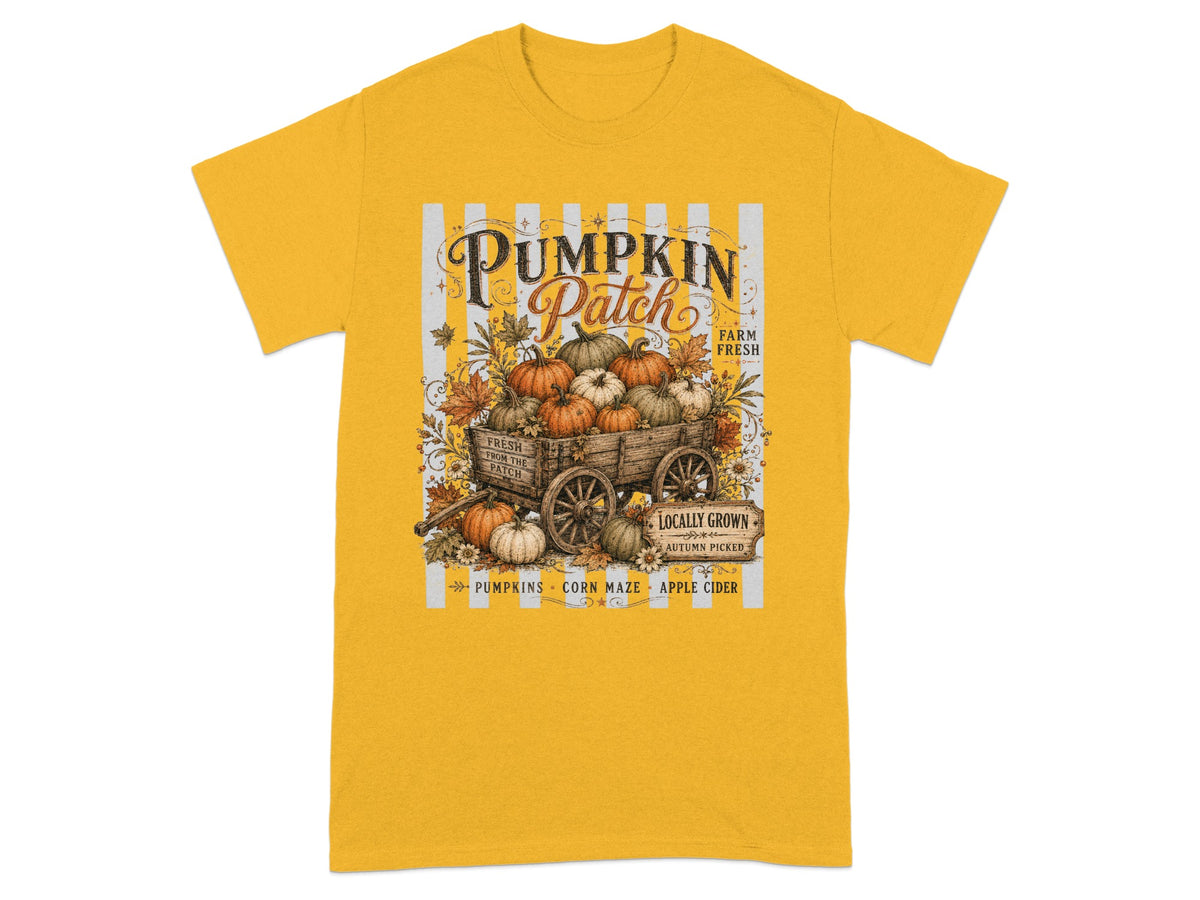 Yellow t-shirt with a "Pumpkin Patch" graphic featuring a wagon of pumpkins and autumn leaves.