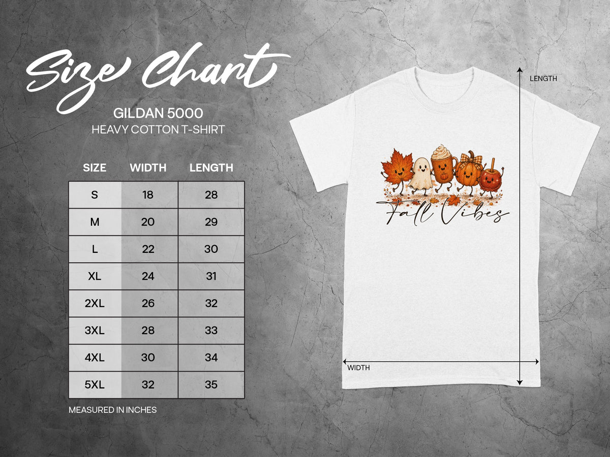 Gildan 5000 Heavy Cotton T-shirt size chart with width and length measurements.