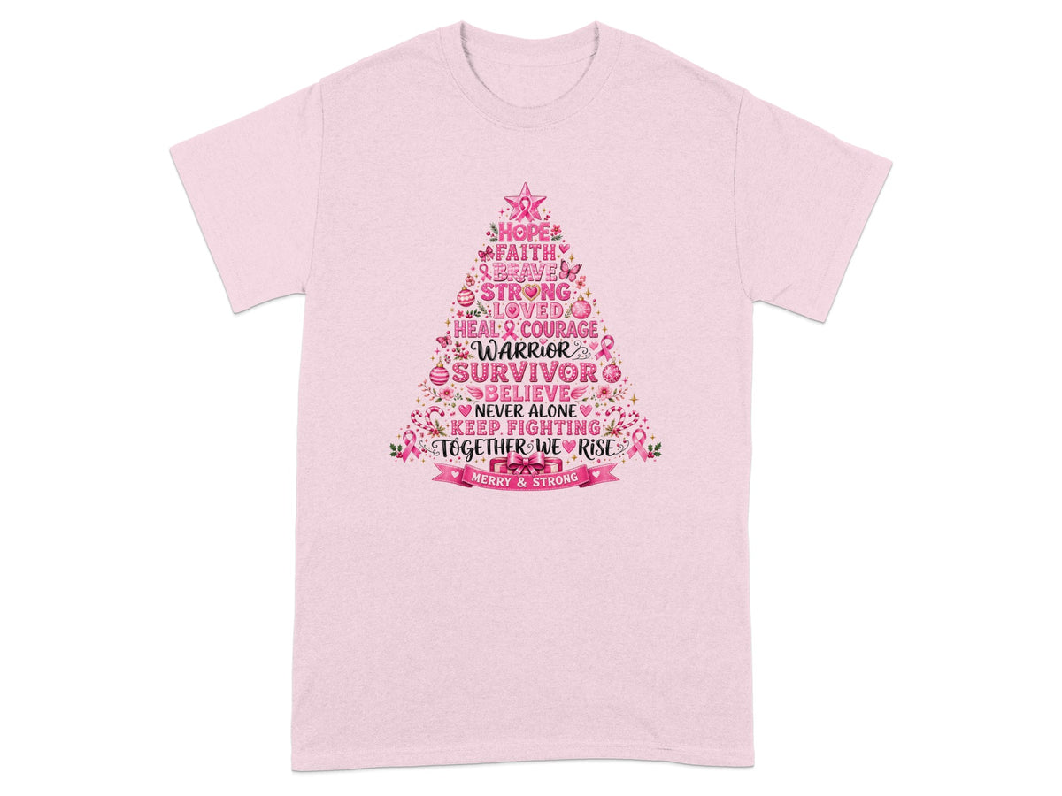 Pink t-shirt with Christmas tree design featuring breast cancer awareness words.