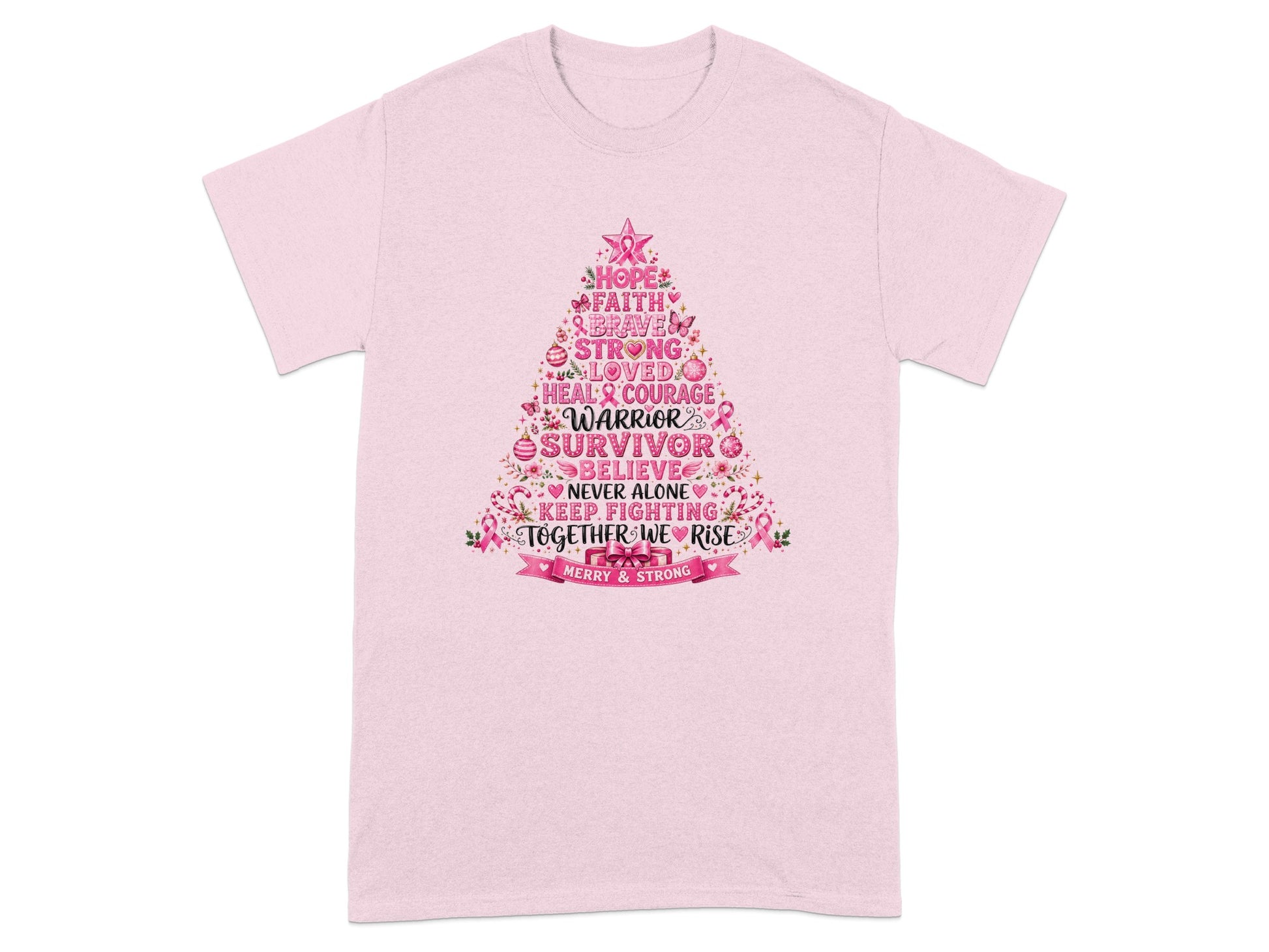 Pink t-shirt with Christmas tree design featuring breast cancer awareness words.
