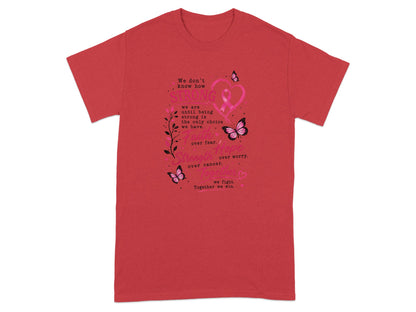Red t-shirt with pink breast cancer ribbon, butterflies, and inspirational text.