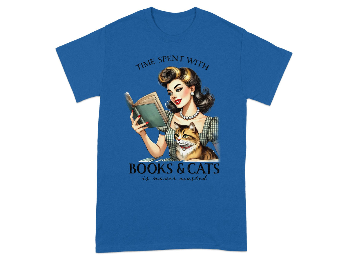 Woman reading a book with a cat, "Time spent with books & cats is never wasted."