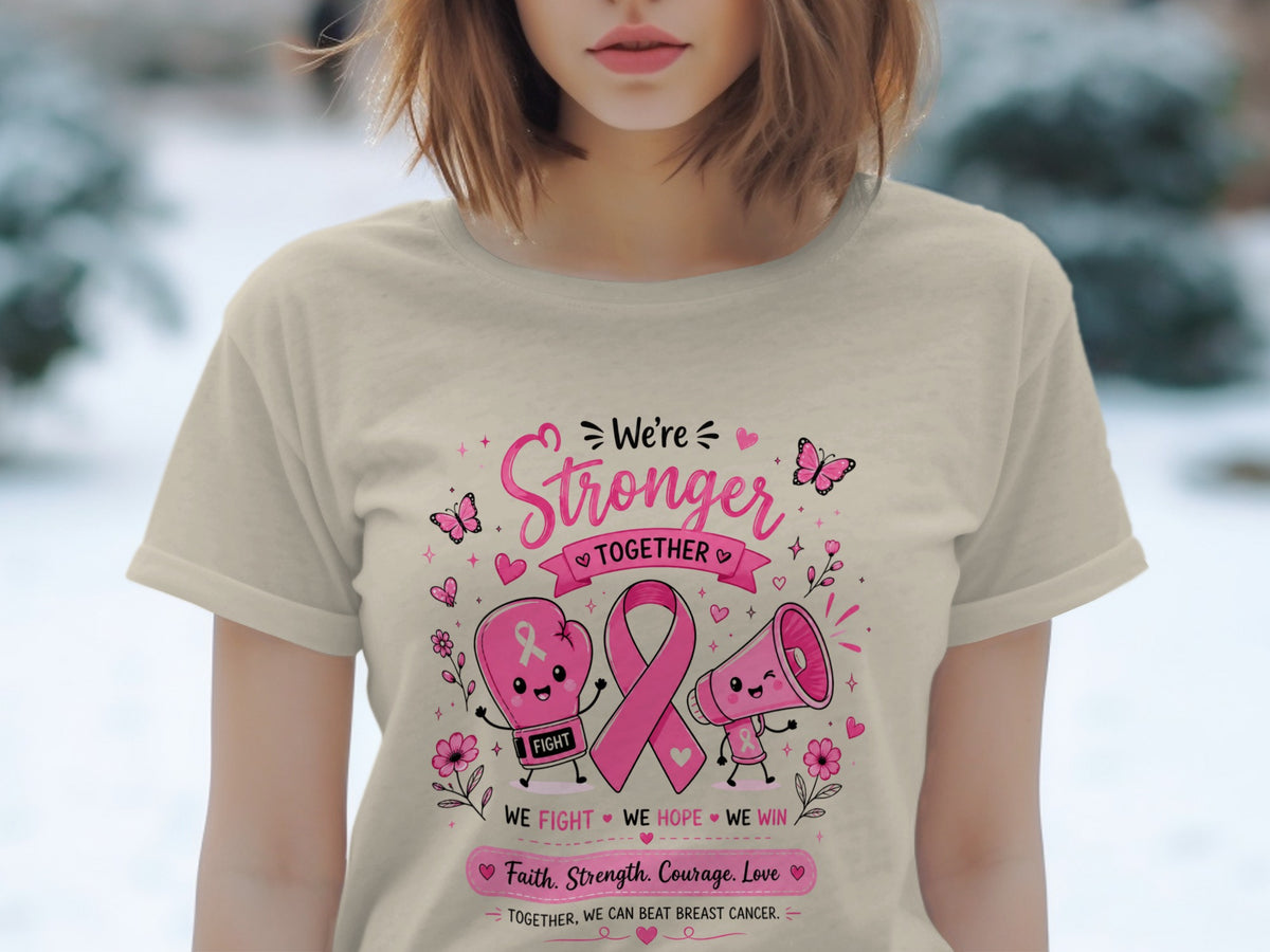 T-shirt with pink boxing glove, ribbon, and megaphone with breast cancer awareness text.